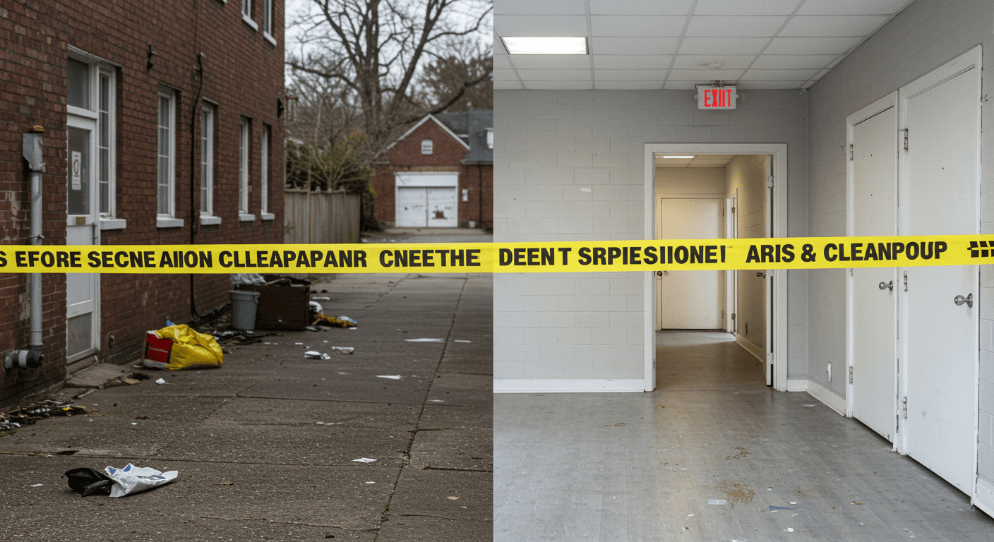 A split image showing a crime scene before and after professional cleanup. The left side depicts a chaotic scene, while the right side shows a spotless, sanitized area, highlighting the effectiveness of professional services.