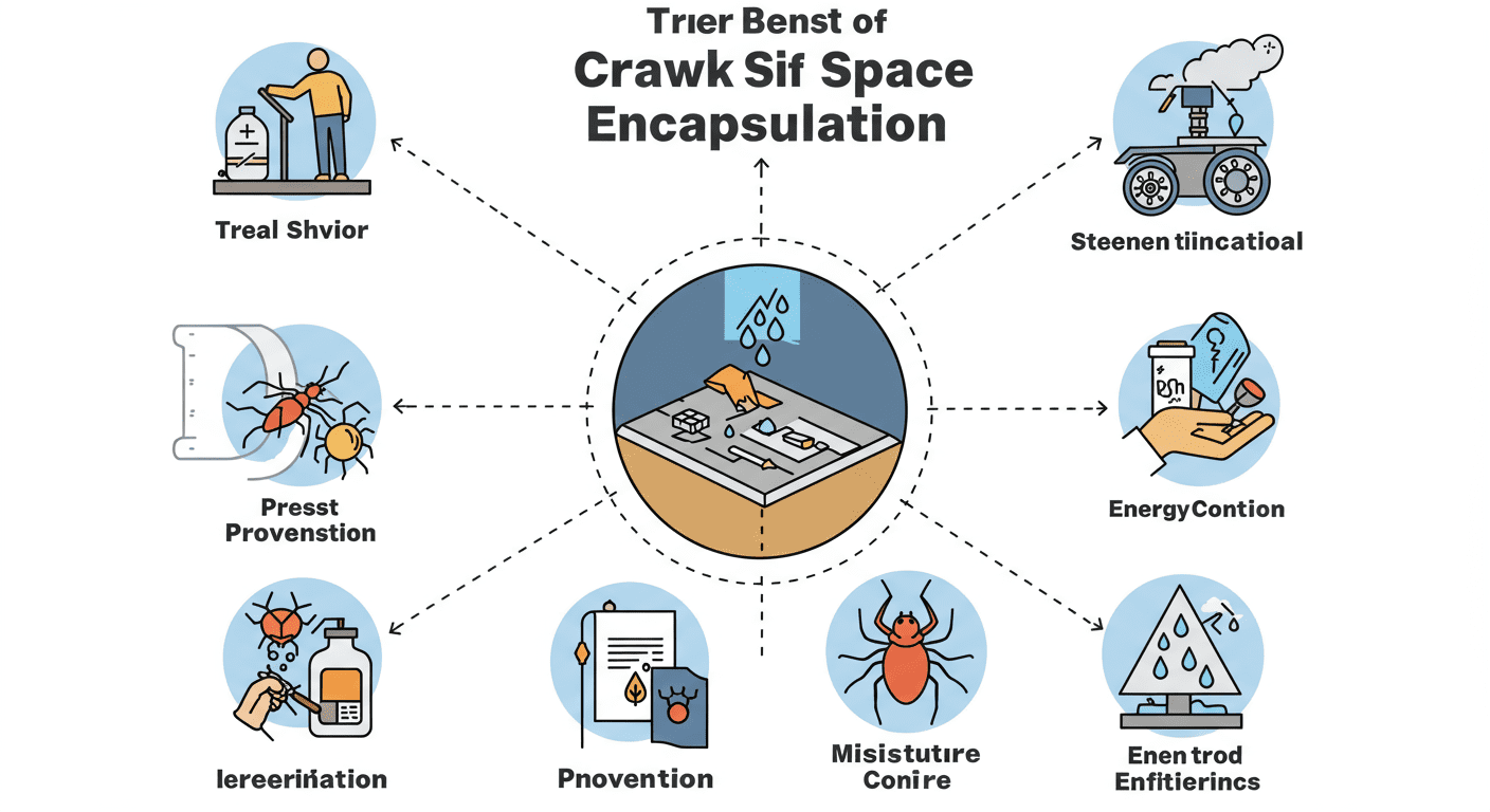 An infographic-style image showing the benefits of crawl space encapsulation, such as moisture control, pest prevention, and energy efficiency, represented through icons and visuals without text.