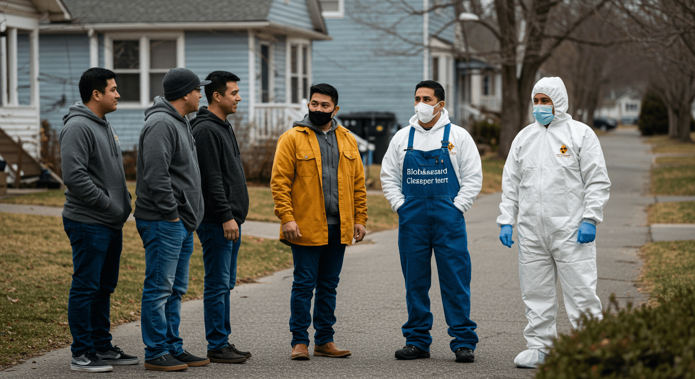 A warm, inviting image of a local biohazard cleanup team interacting with community members, showcasing their commitment to compassionate care and support. The setting is a neighborhood, emphasizing local expertise.