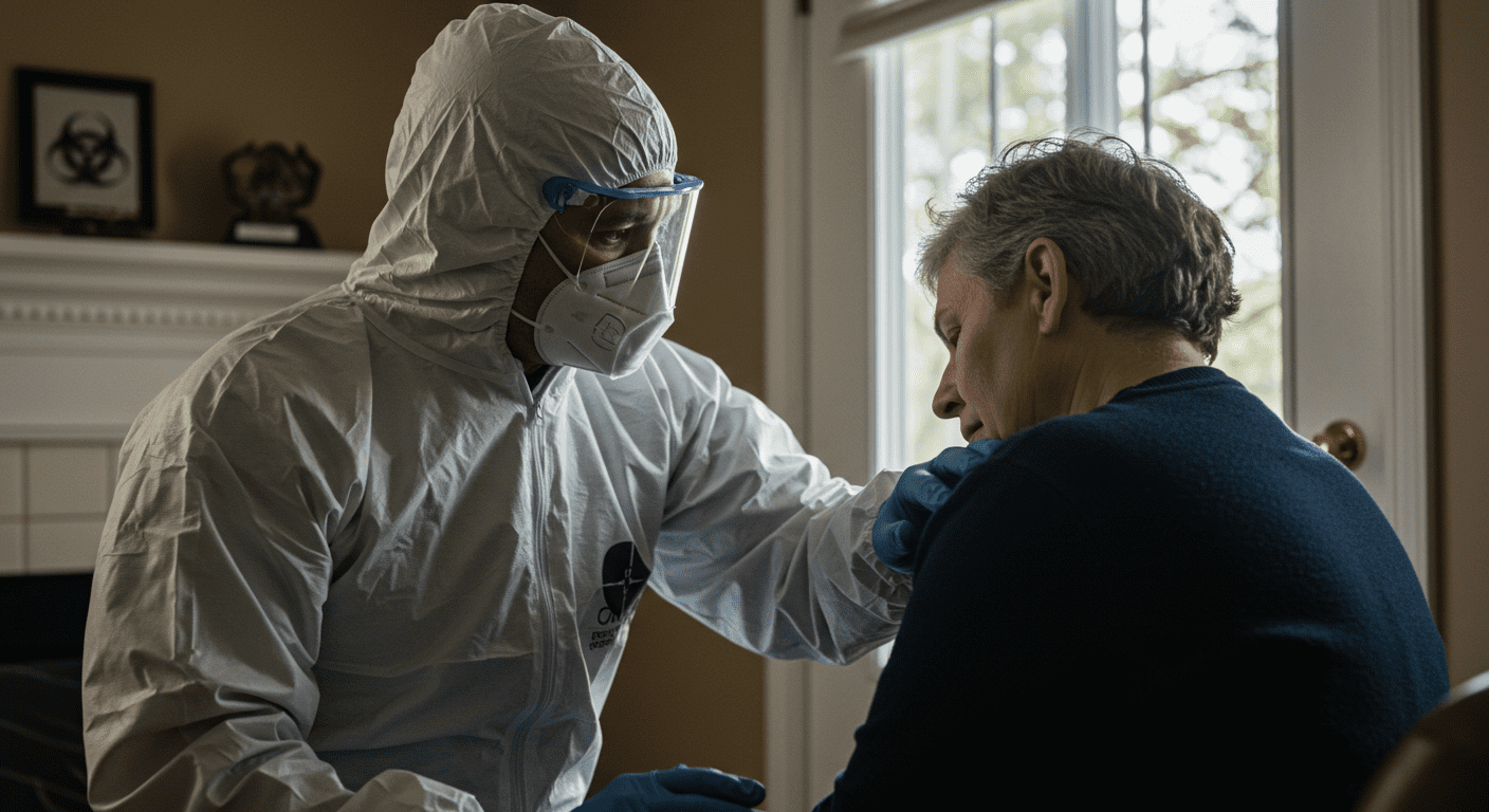 A biohazard cleanup professional gently assisting a distressed homeowner, showing empathy and support. The professional is in full gear, but the focus is on the caring interaction, emphasizing the compassionate aspect of the service.