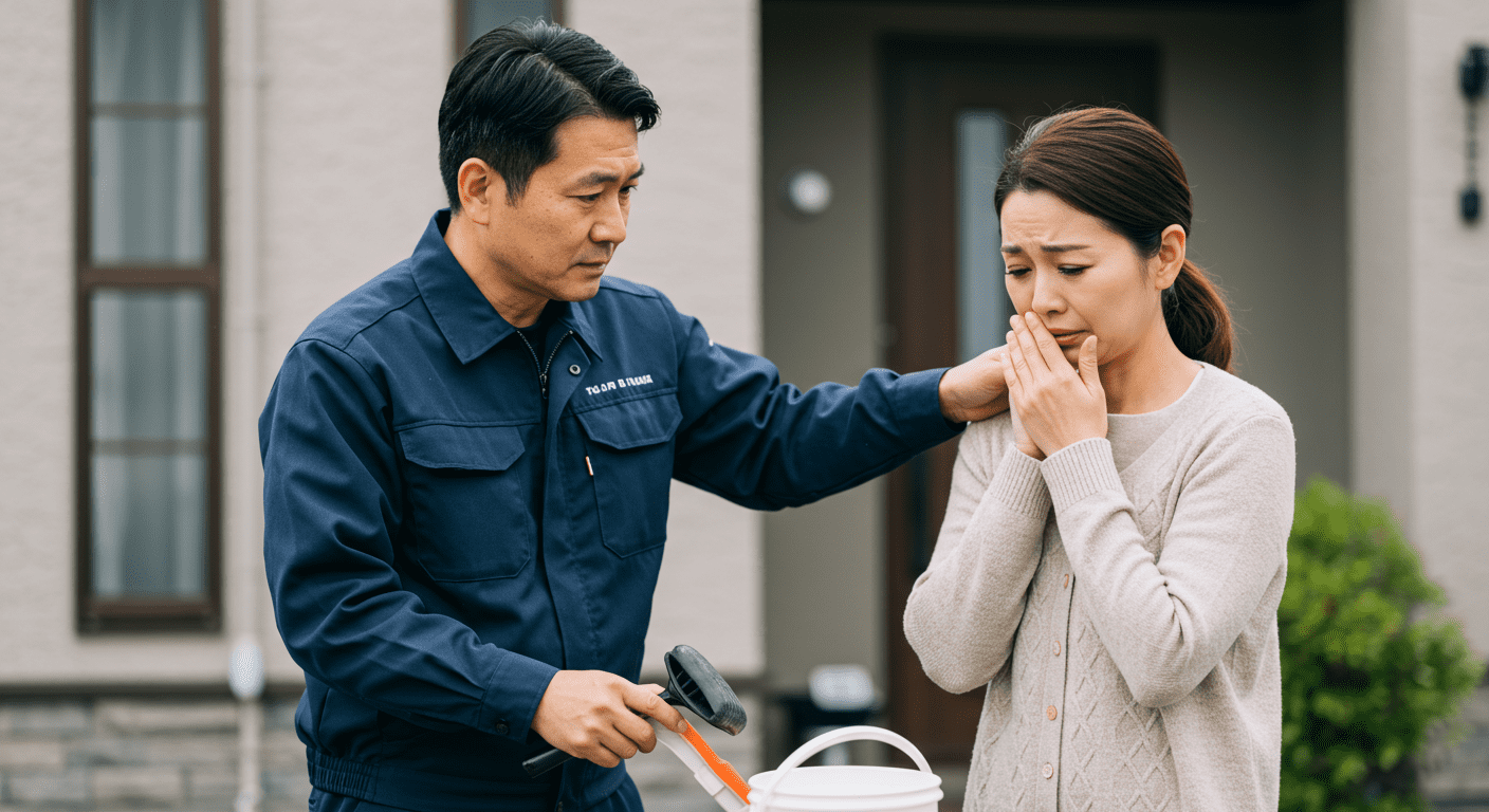 A compassionate technician supporting a family member outside a home, demonstrating empathy during a difficult time while preparing for cleanup.