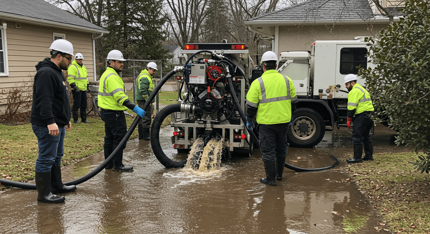 A team of professional restoration workers in action, using specialized equipment to extract water from a flooded residential area.