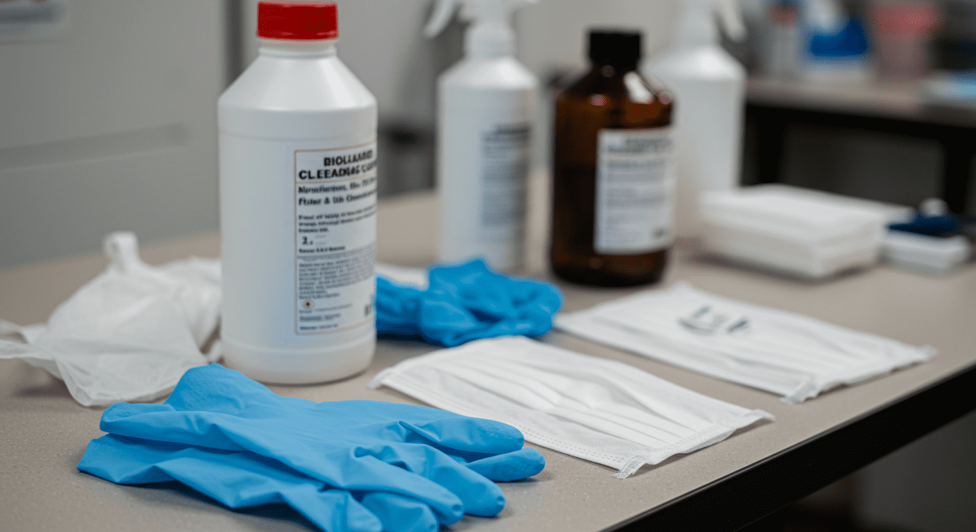 A close-up of biohazard cleanup supplies, including gloves, masks, and cleaning agents, arranged neatly on a table. This image emphasizes the importance of safety and the professional tools used in the cleanup process.