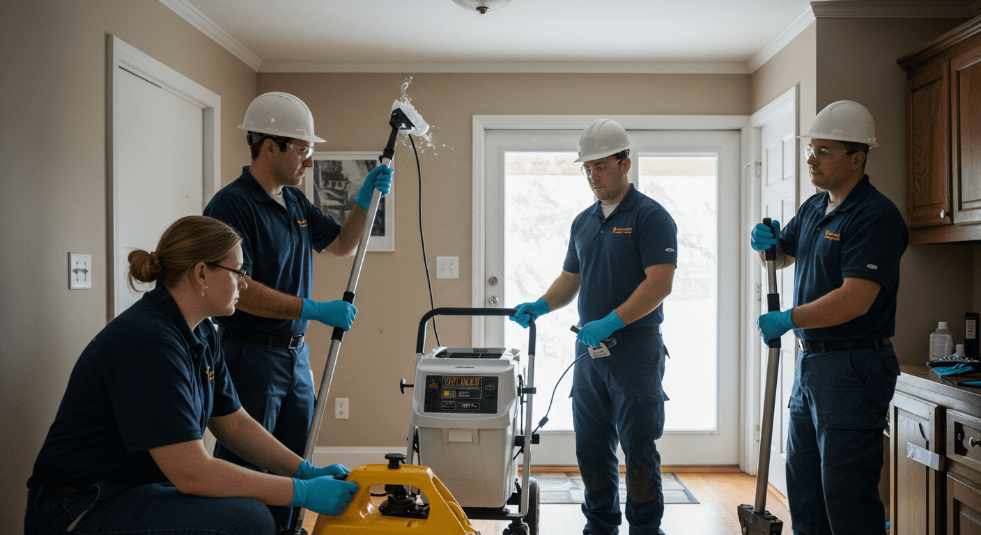 A team of certified mold removal professionals working together in a home, using specialized equipment to remove mold. The image shows teamwork and professionalism in action.