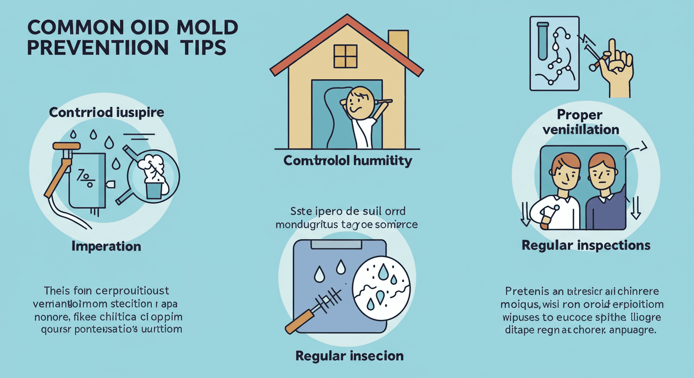An infographic-style image illustrating common mold prevention tips, such as controlling humidity, proper ventilation, and regular inspections.