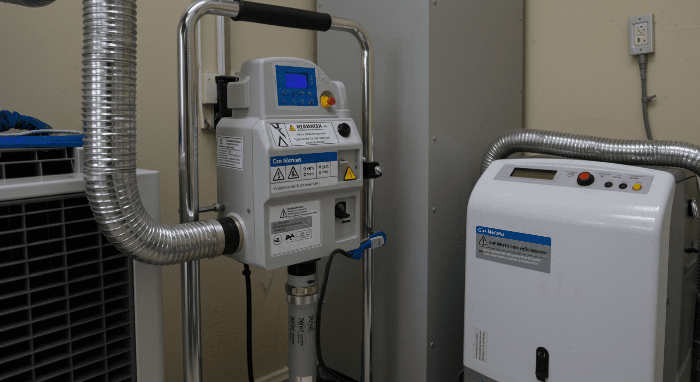 A close-up of mold remediation equipment, including an air scrubber and dehumidifier, set up in a room. The equipment is actively working to purify the air and reduce humidity levels.