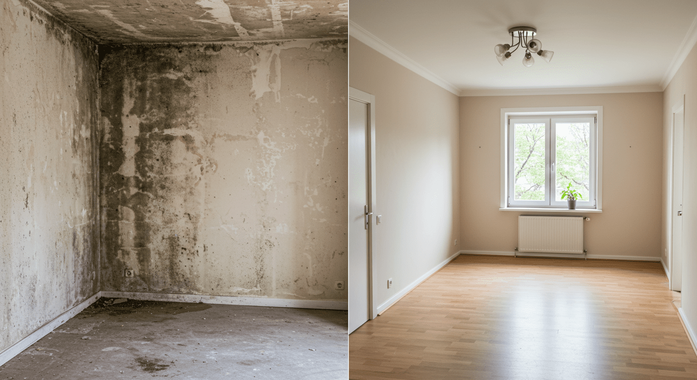 A split image showcasing a room before and after mold removal, highlighting the transformation and effectiveness of mold remediation services.