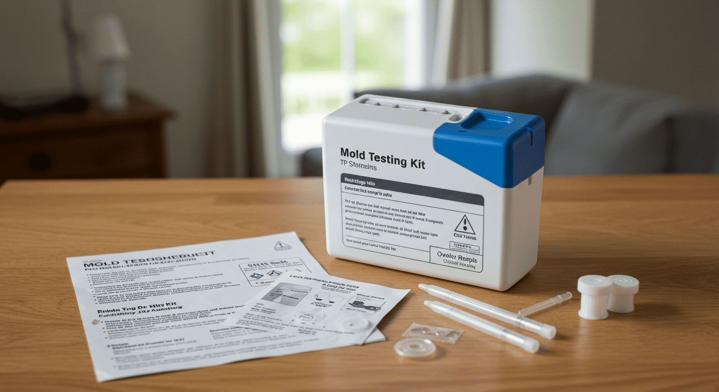 An image of a mold testing kit laid out on a table, with instructions and sample collection materials visible. The background is a home setting, indicating a proactive approach to mold management.