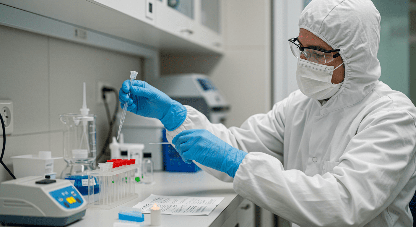A professional in a lab coat conducting a mould test, using specialized equipment to collect samples from a surface.