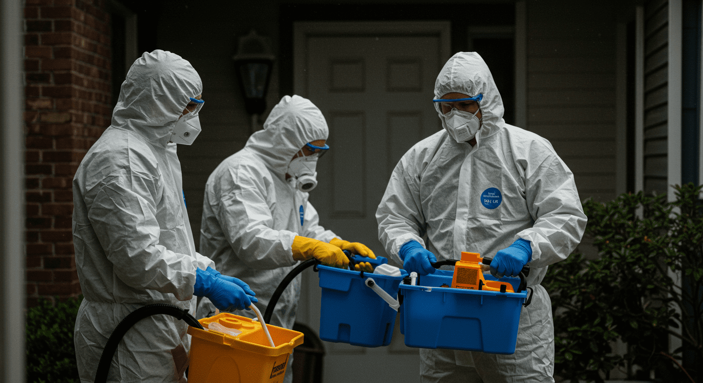 A professional biohazard cleanup team in protective gear carefully cleaning a residential property. The focus is on the team members using specialized equipment, showcasing their professionalism and attention to safety.