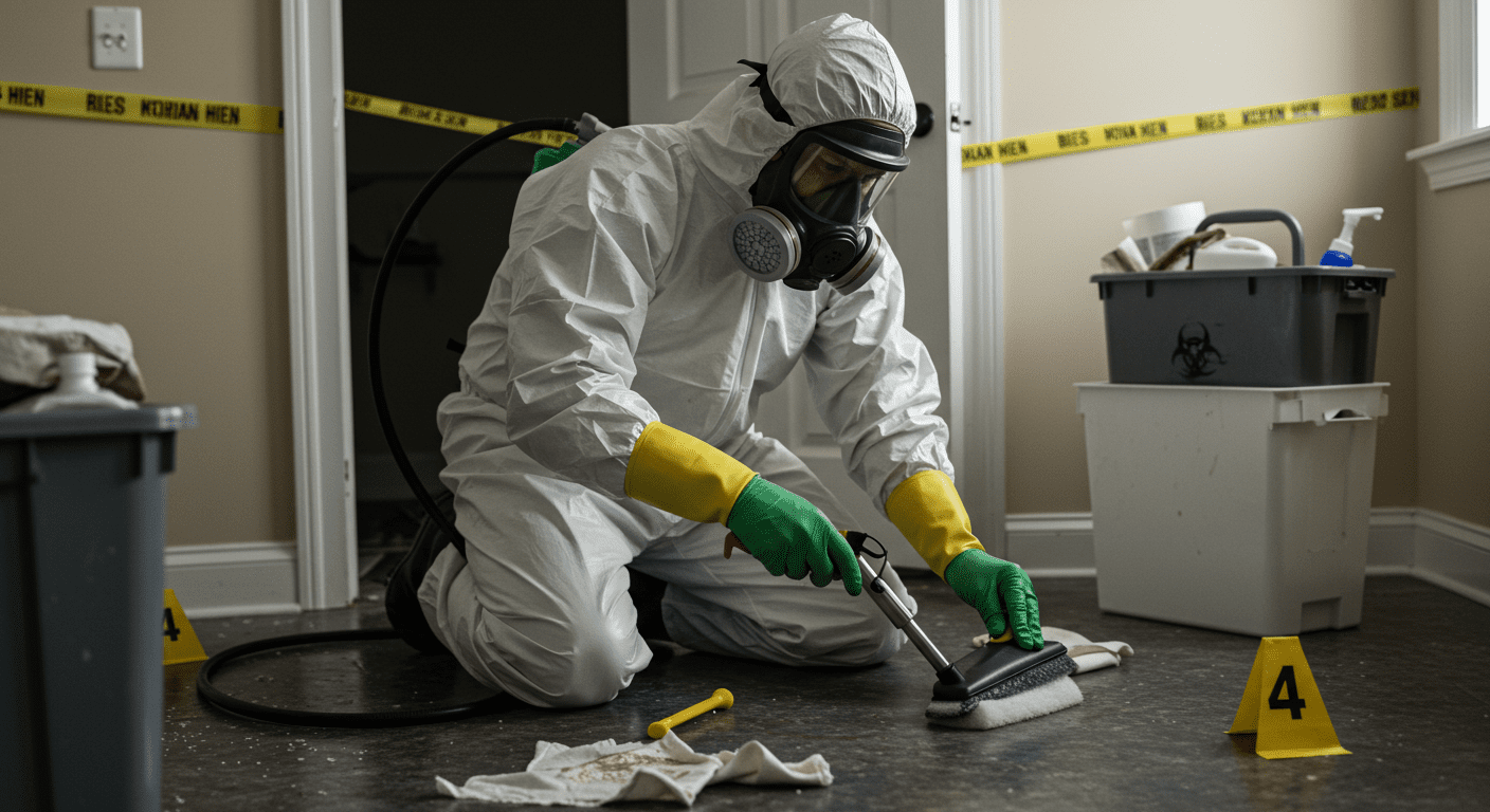 A professional restoration technician in protective gear carefully cleaning a biohazard scene, showcasing the meticulous attention to detail and safety protocols.