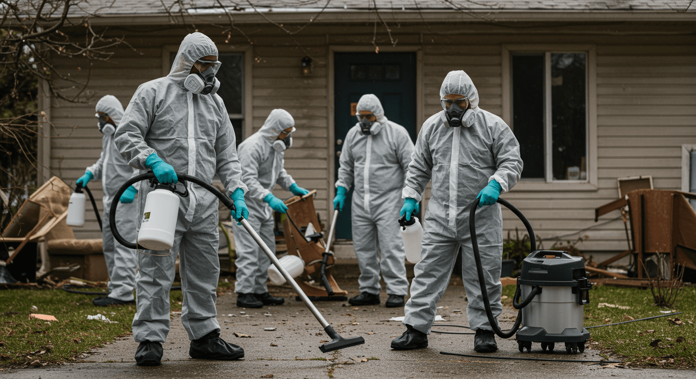 A professional cleanup team in protective gear carefully cleaning a residential area, with a focus on their meticulous actions and teamwork.