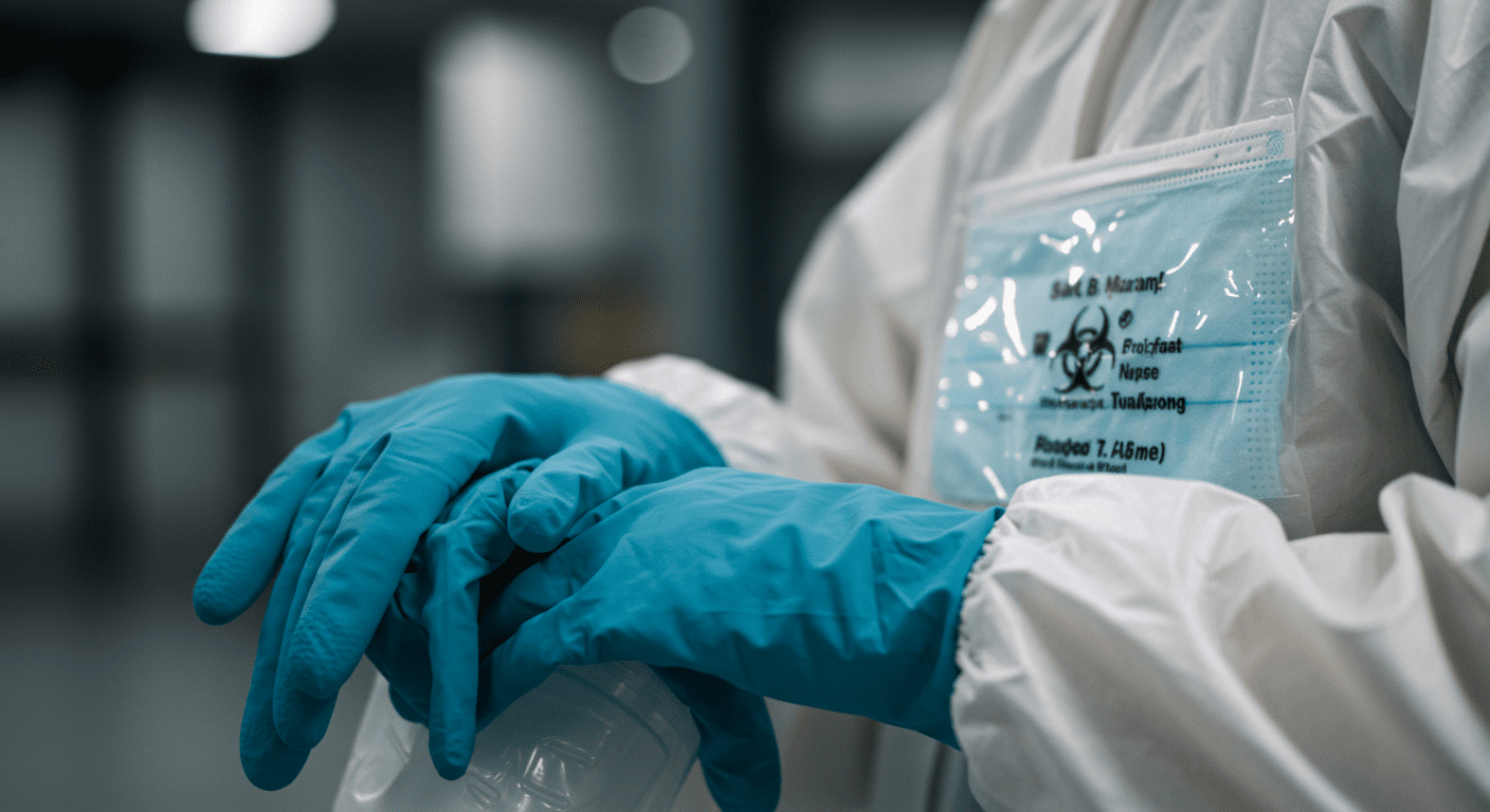 A close-up of essential safety equipment used in biohazard cleanup, including gloves, masks, and biohazard bags.