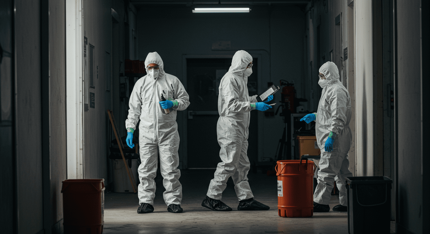 A wide shot of a biohazard cleanup team working together in full protective gear, showcasing teamwork and efficiency in a challenging environment.