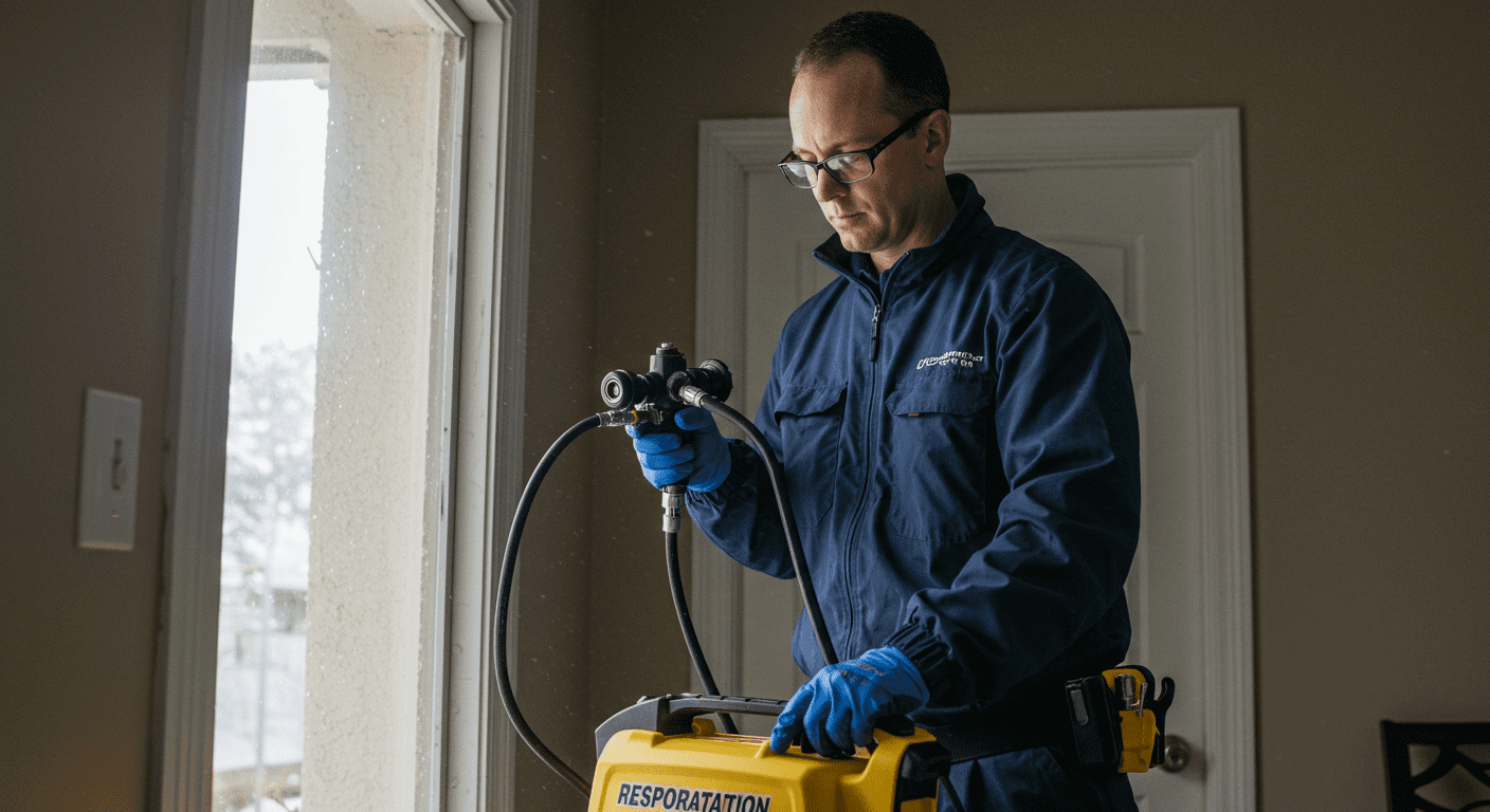 A professional restoration technician in action, using advanced equipment to assess water damage in a residential home. The technician is focused and determined, showcasing expertise and professionalism.