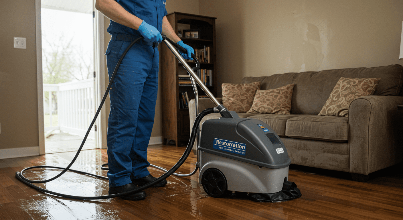A professional restoration technician using a high-powered water extraction machine in a flooded living room, showcasing the urgency and effectiveness of the service.