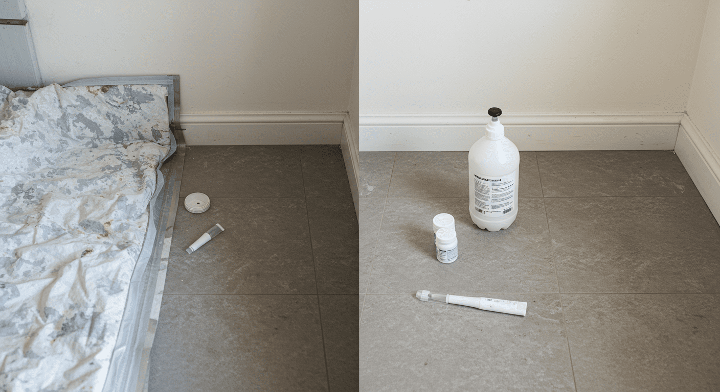 A split image showing a contaminated area on one side and the same area after thorough cleanup on the other. This visually demonstrates the effectiveness of professional biohazard cleanup services.