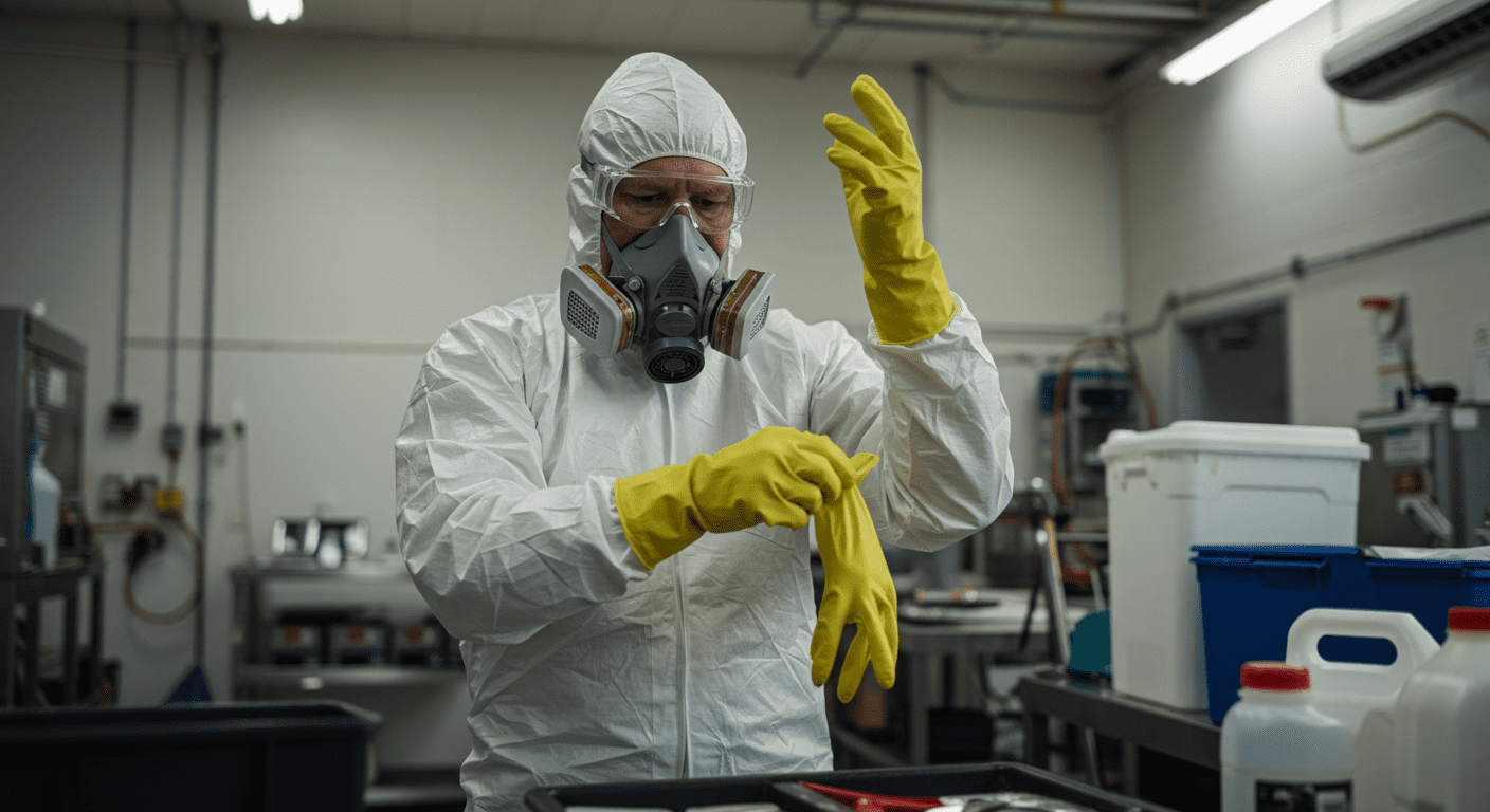 A biohazard cleanup professional demonstrating safety measures, such as wearing gloves and a mask, while preparing for the cleanup.