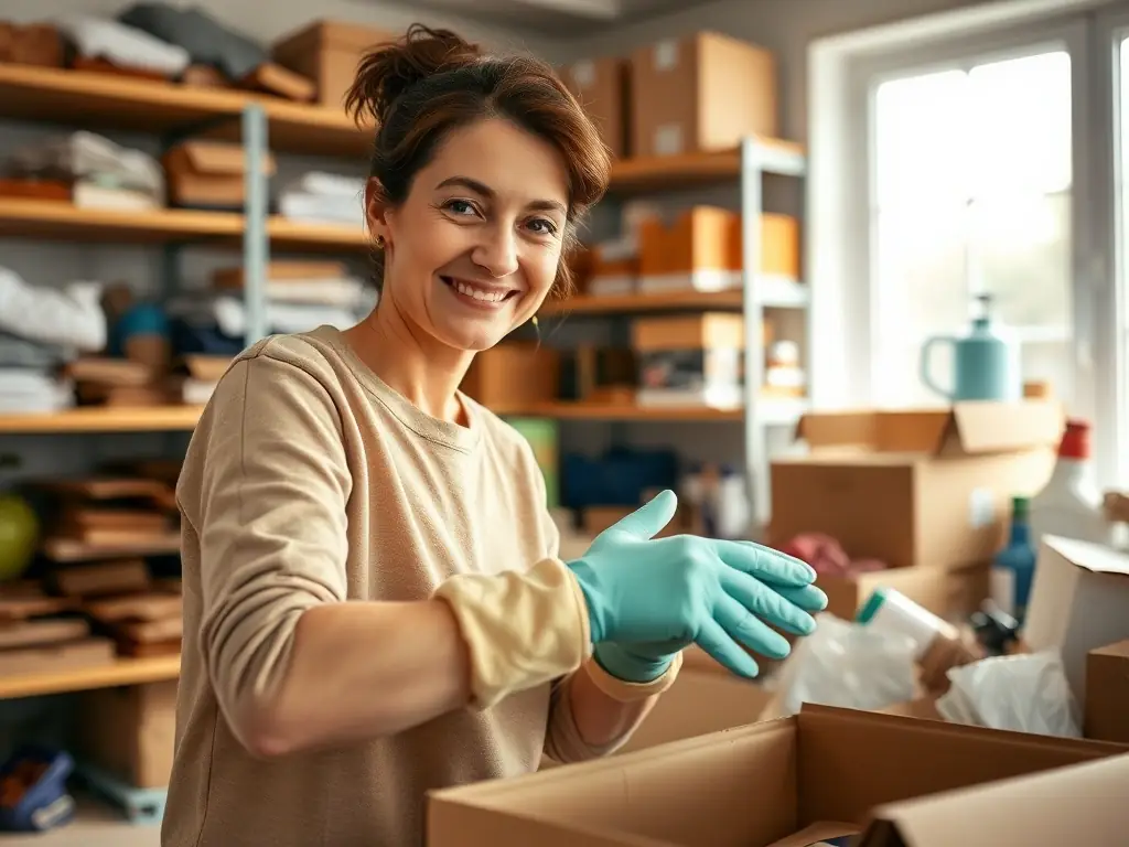 A photo showing a compassionate team member assisting with the organization of a cluttered space during a hoarding cleanup project.