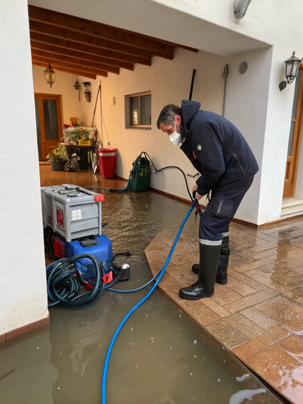 An image showing a team member using specialized equipment to extract water from a flooded basement, highlighting Invictus Restoration Services' expertise in water damage restoration.