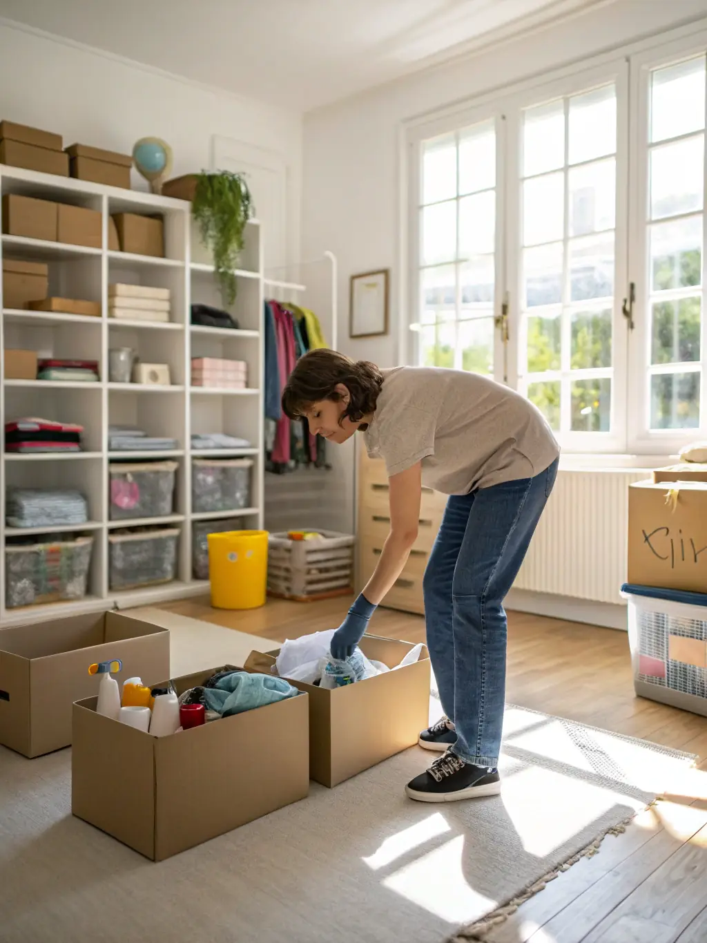 A team member organizing and removing clutter from a residential space, illustrating Invictus Restoration Services' hoarding cleanup service.