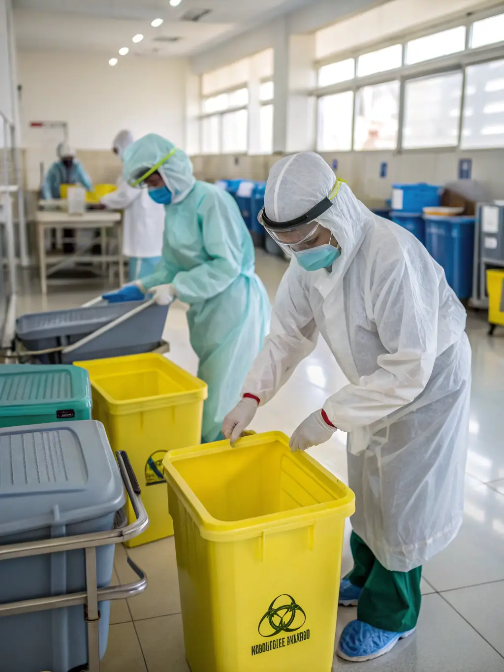 A room with biohazardous waste being carefully cleaned by technicians in protective gear, illustrating Invictus Restoration Services' biohazard cleanup process.