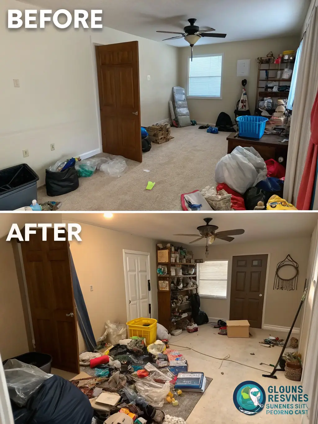 A before-and-after shot of a home undergoing hoarding cleanup, showcasing the transformation achieved by Invictus Restoration Services.