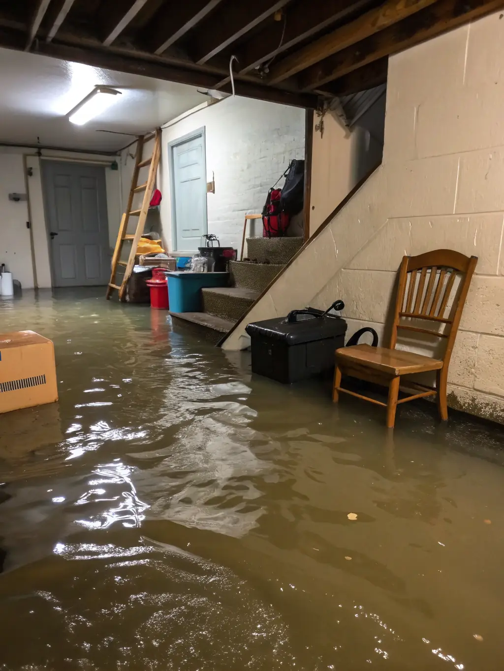 A flooded basement with furniture partially submerged in water, showcasing the need for water damage restoration services by Invictus Restoration Services.
