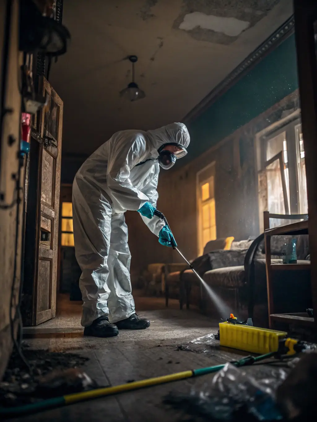 A technician in protective gear carefully cleaning a biohazardous area with specialized equipment, showcasing Invictus Restoration Services' biohazard cleanup capabilities.