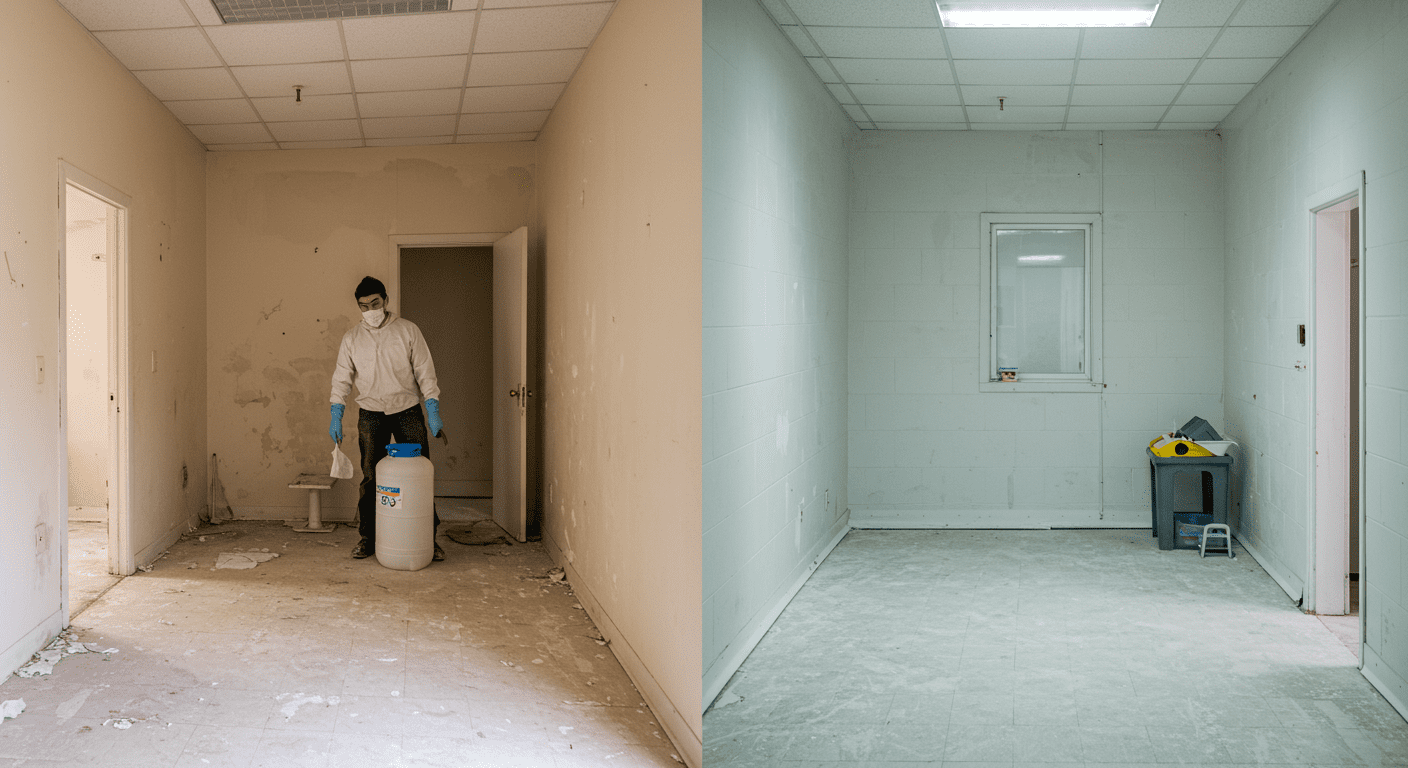 A before-and-after image showing a space that has undergone biohazard cleanup. The left side shows the area before cleanup, while the right side showcases a clean and safe environment, emphasizing the effectiveness of professional services.