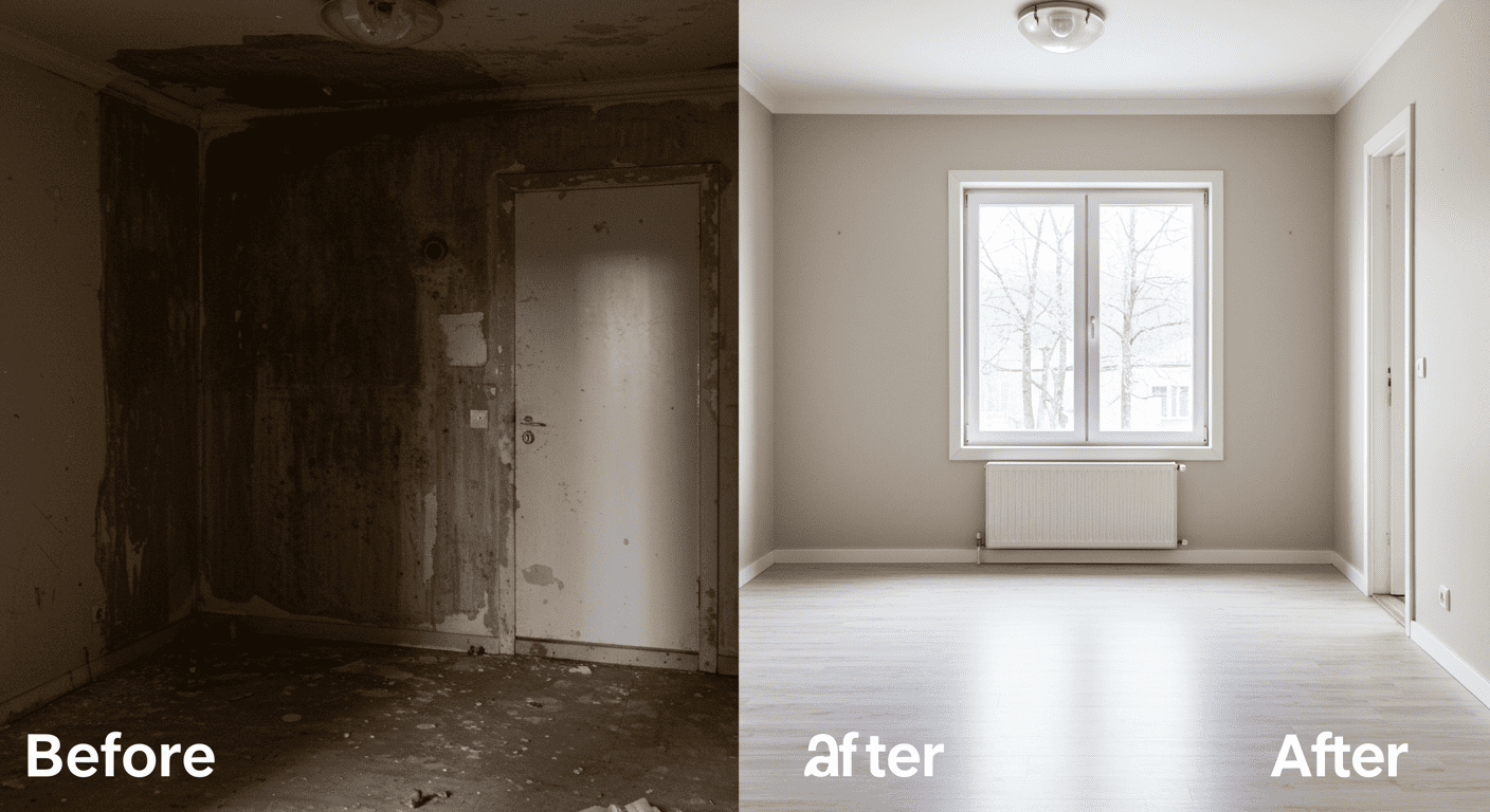 A split image showing a room before mold remediation (dark, damp conditions) and after (bright, clean, and inviting). This visual contrast emphasizes the effectiveness of professional services.