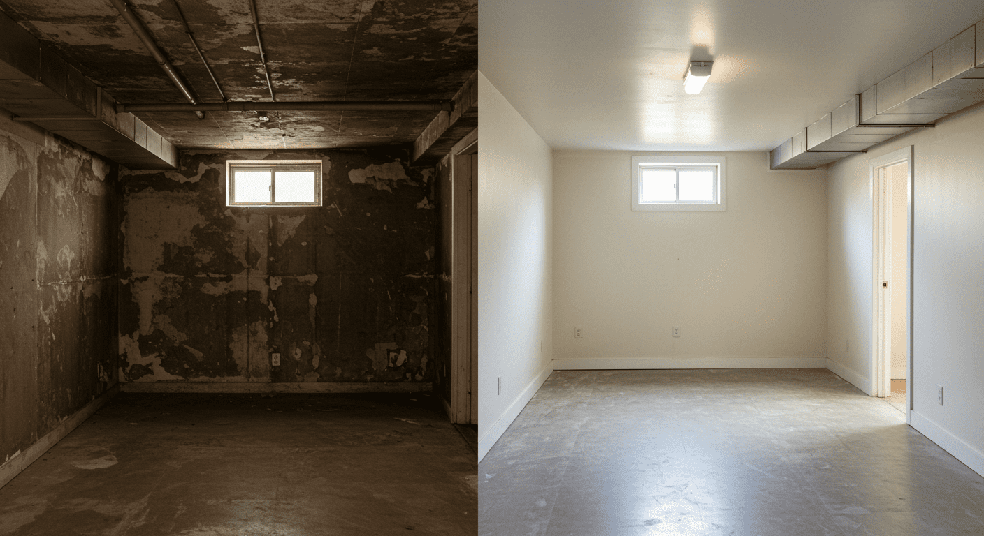 A split image showing a basement before mold removal (dark, moldy walls) on one side and the same space after remediation (clean, bright walls) on the other.