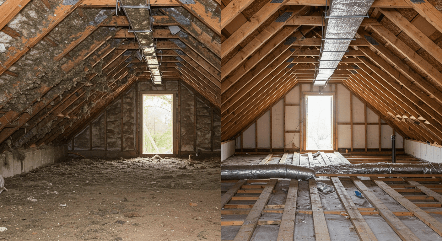 A split image showing the left side with heavy mold presence in an attic and the right side showcasing the same attic after thorough cleaning and remediation.