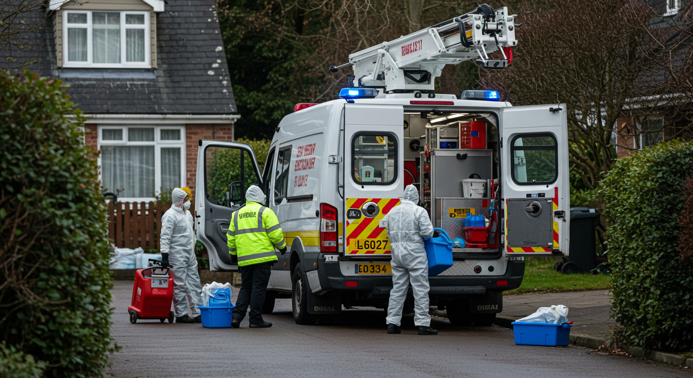 A biohazard cleanup vehicle parked outside a residential property, with technicians unloading equipment. The scene conveys a sense of urgency and readiness to respond to emergencies.