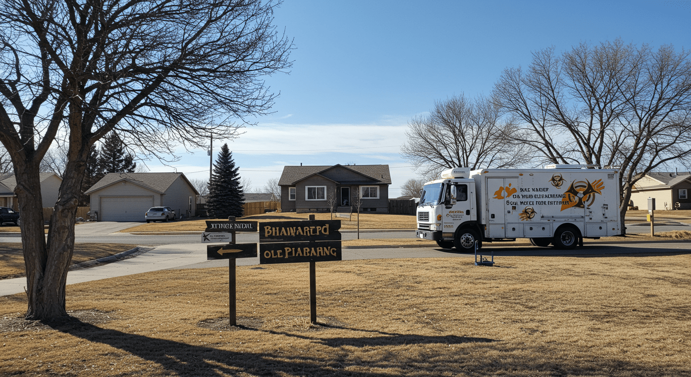 A serene outdoor scene in Cheyenne, WY, with a biohazard cleanup truck parked outside a home, symbolizing job opportunities in the area.