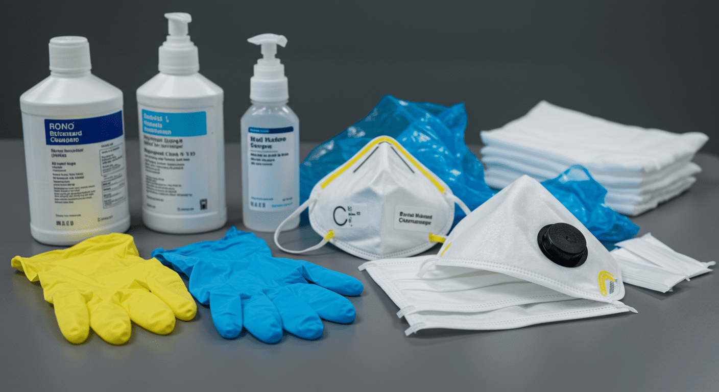 A close-up shot of essential biohazard cleanup equipment laid out neatly, including gloves, masks, disinfectants, and biohazard bags. The background is a clean, well-organized workspace that conveys professionalism.