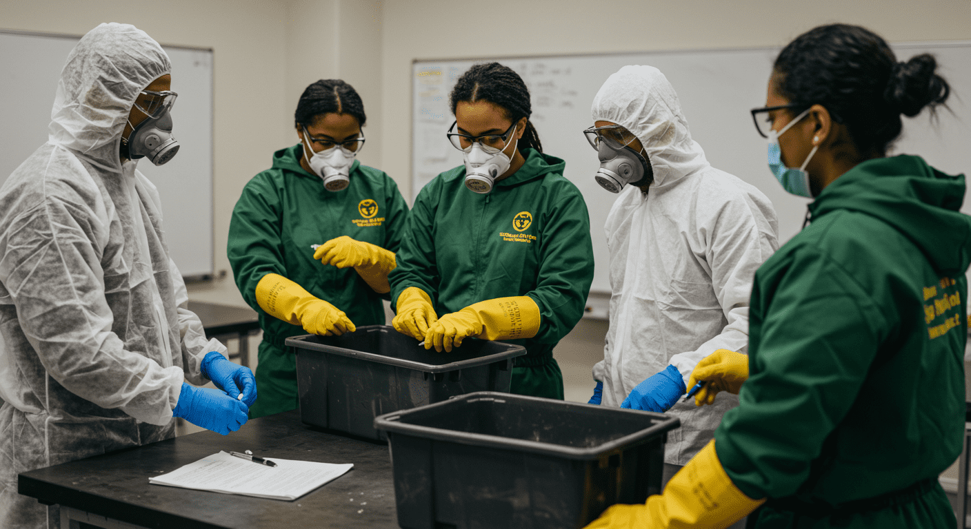 A group of diverse individuals engaged in a hands-on training session for biohazard cleanup, wearing protective gear and using safety equipment.