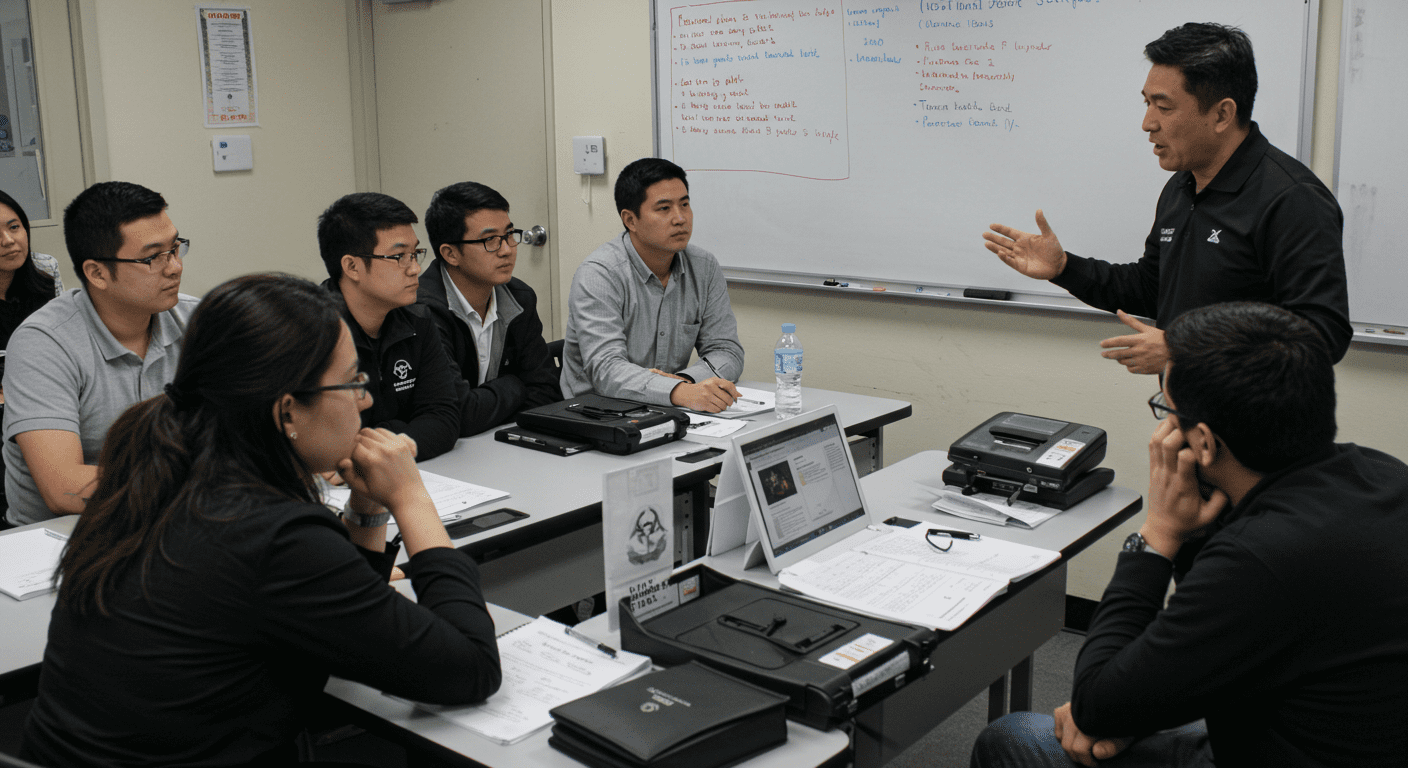 A classroom setting where a trainer is explaining biohazard safety protocols to a group of attentive students, with certification materials and training equipment visible.