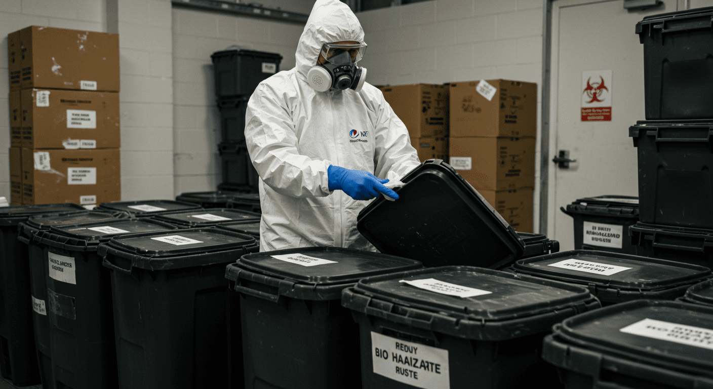 A worker securely sealing biohazard waste in labeled containers, demonstrating proper disposal procedures in a well-organized cleanup site.