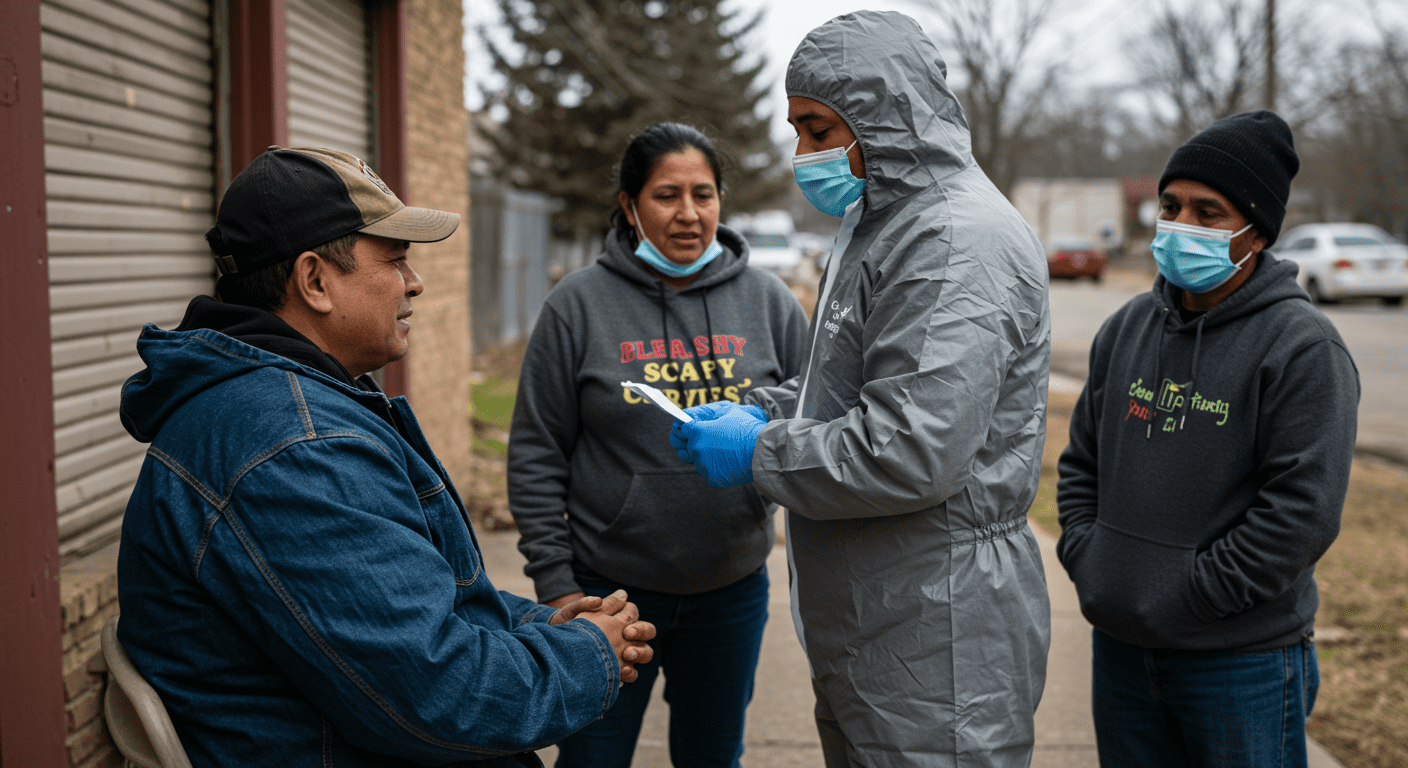 A compassionate scene showing a cleanup professional interacting with a family or community members, emphasizing the supportive role of cleanup services in restoring safety and peace of mind.