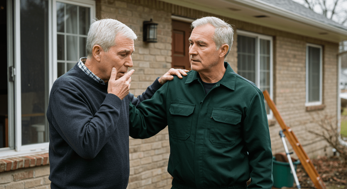 A compassionate technician interacting with a distressed family member outside a home, showing empathy and support during a cleanup situation.