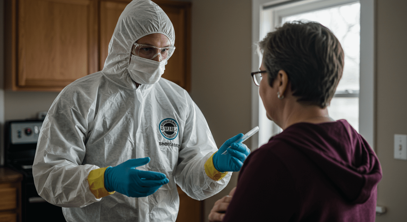 A crime scene cleanup professional interacting compassionately with a family member affected by a traumatic event. The focus is on the supportive demeanor of the cleaner, showcasing the human side of the service.