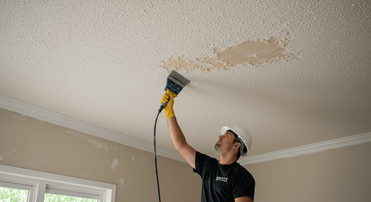 A professional contractor carefully scraping a popcorn ceiling in a well-lit living room. The ceiling shows a clear contrast between the textured popcorn surface and the smooth surface being revealed underneath.