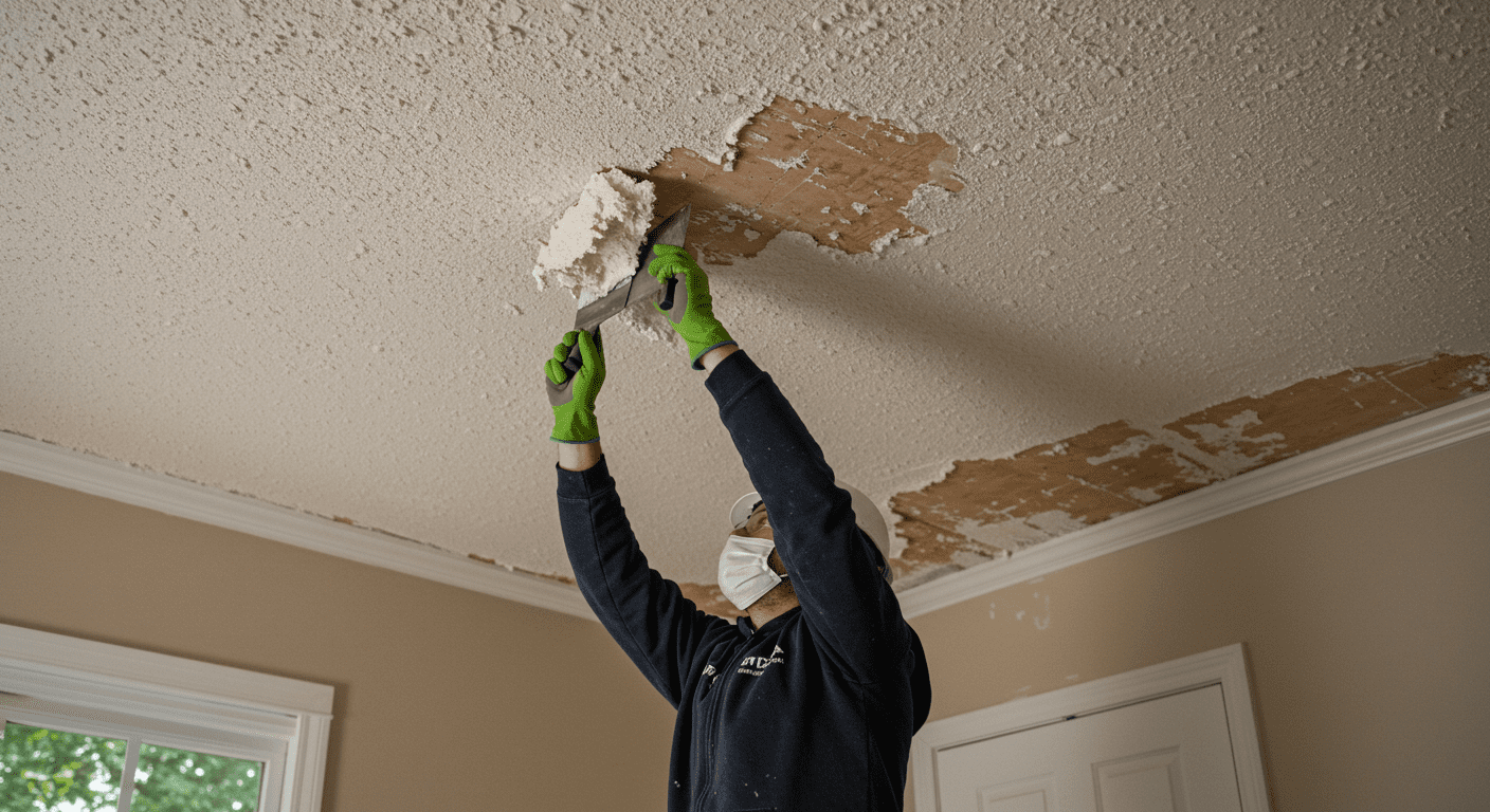 A professional contractor in protective gear carefully scraping away a popcorn ceiling in a living room.
