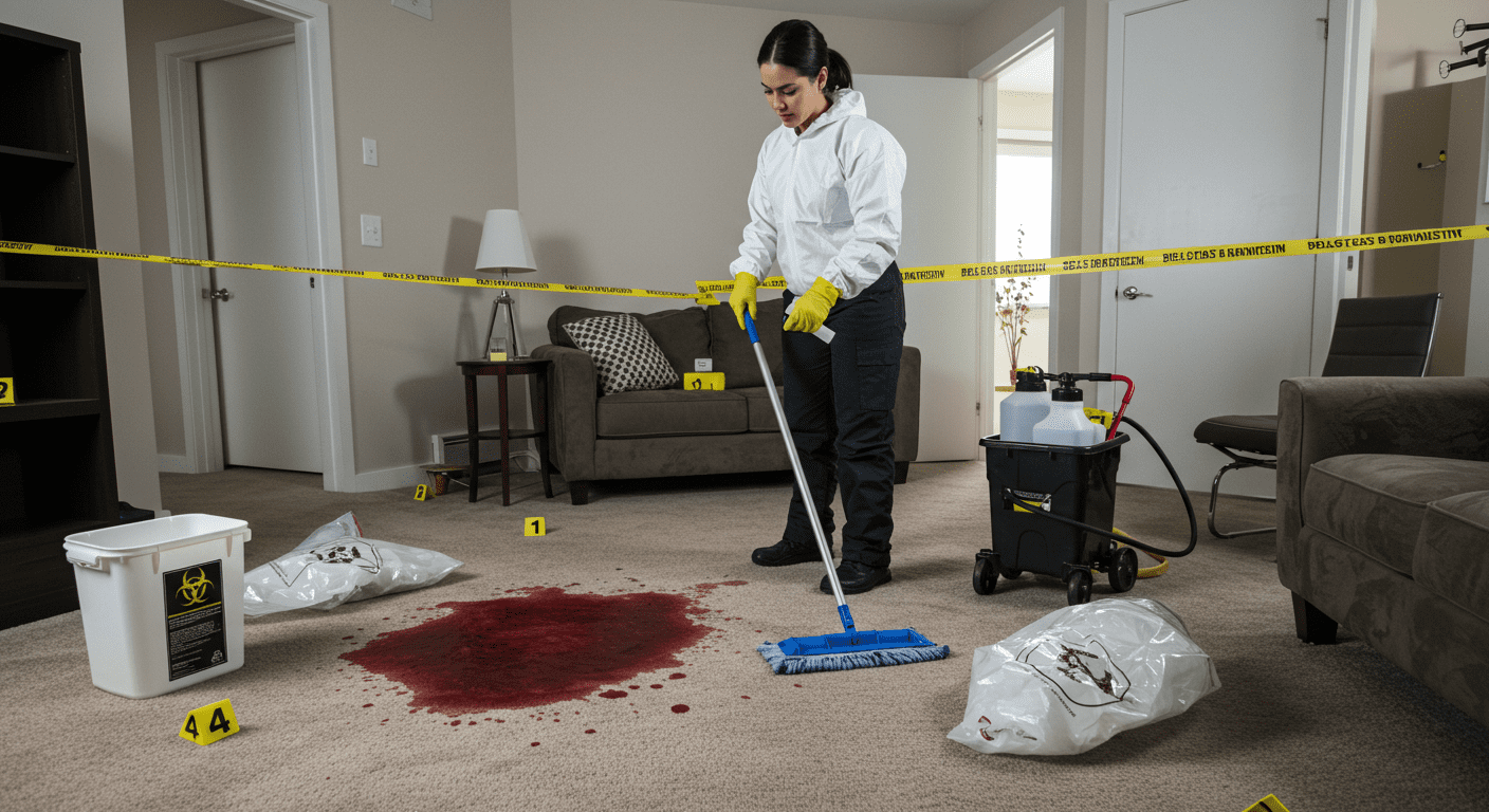 A professional in protective gear meticulously cleaning a simulated crime scene, showcasing the tools and techniques used in the cleanup process.