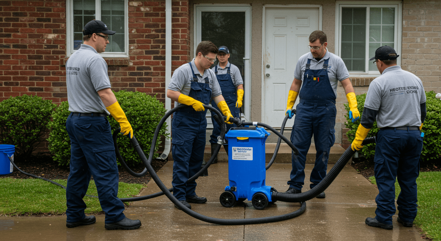 A team of professionals in uniforms actively working to restore a flooded home. They are using water extraction equipment and wearing safety gear.