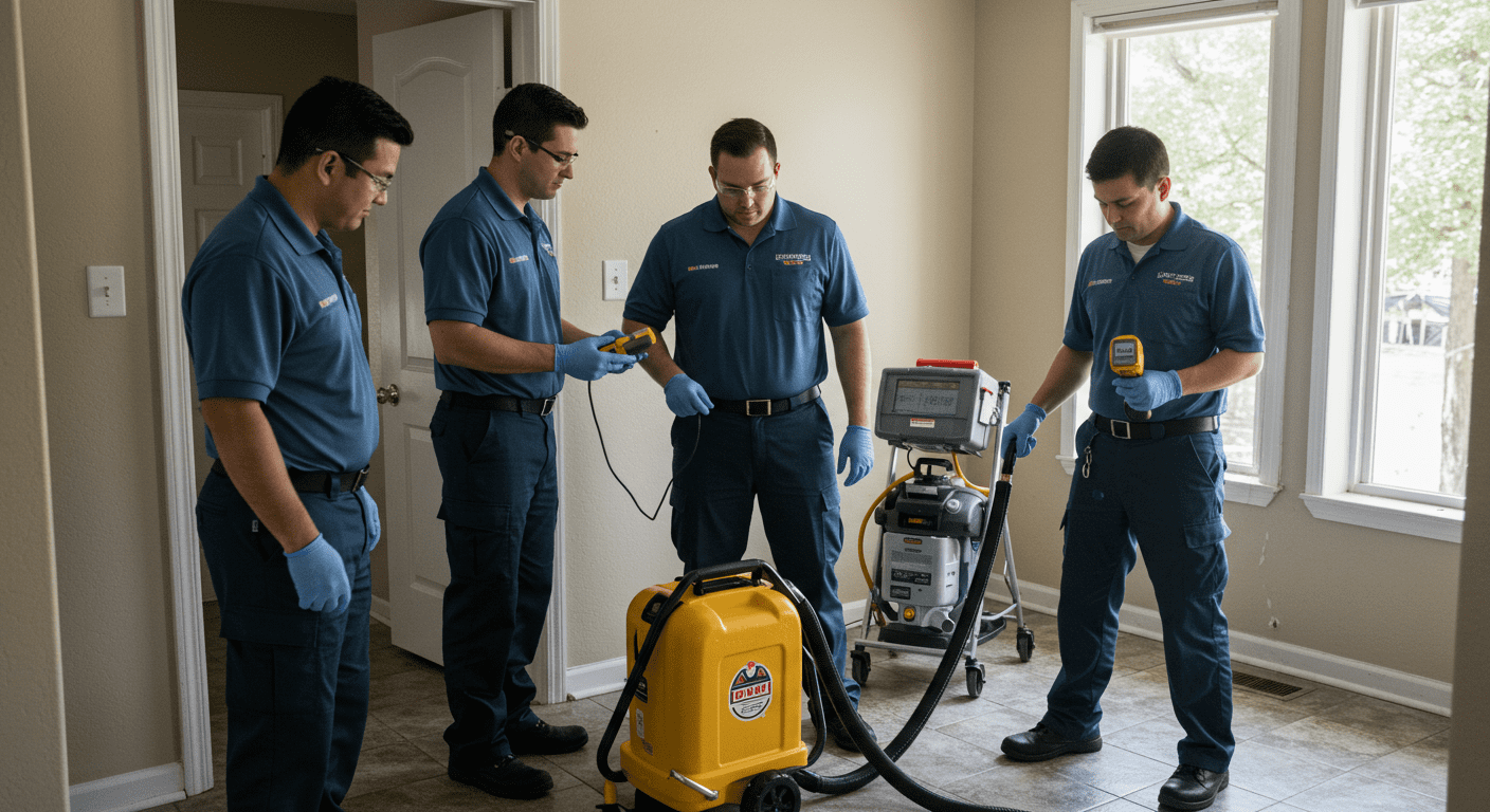A team of professionals in uniforms working diligently to assess water damage in a residential home. They are using equipment like moisture meters and extraction pumps.