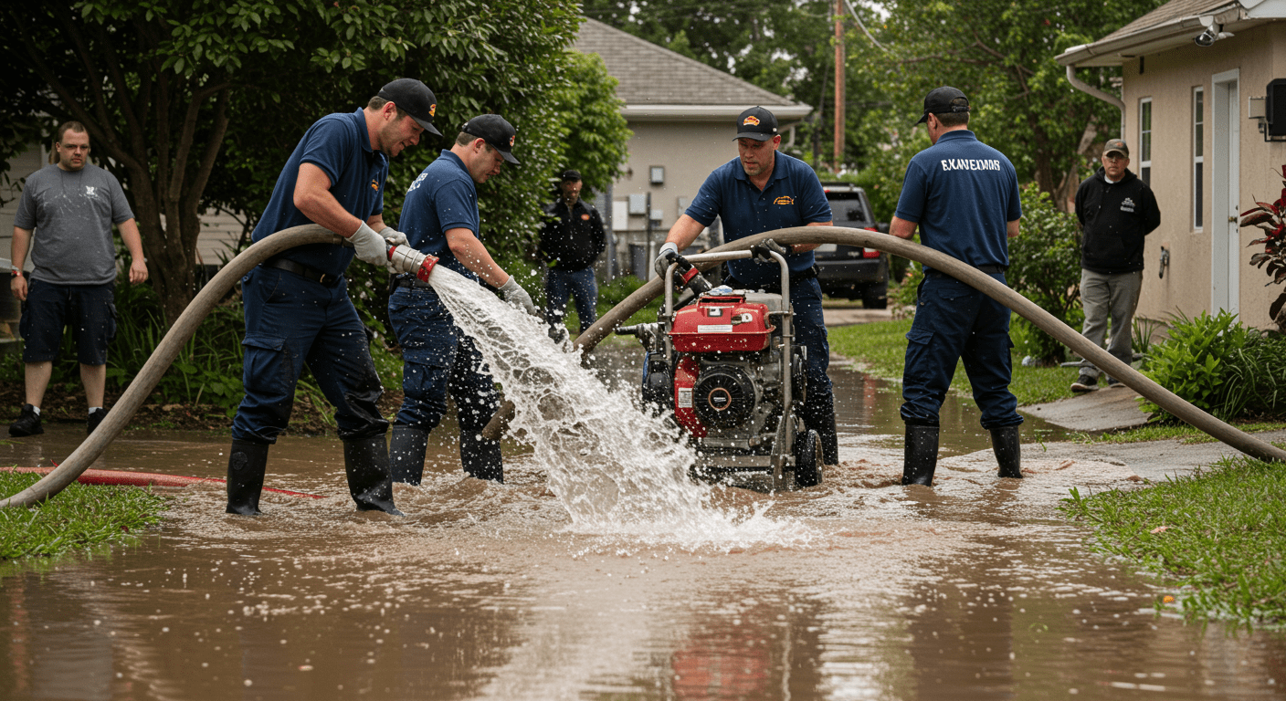A dynamic scene showing a team of professionals in uniforms actively removing water from a flooded residential area.