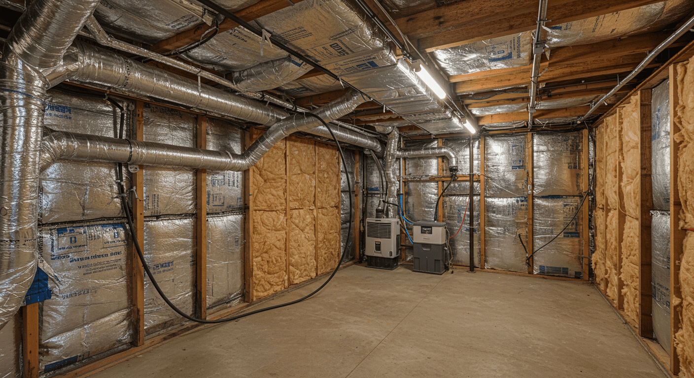 A well-lit encapsulated crawl space with a clear view of the vapor barrier, insulation, and dehumidifier in place. The image should highlight the neatness and organization of the space, emphasizing its cleanliness and dryness.