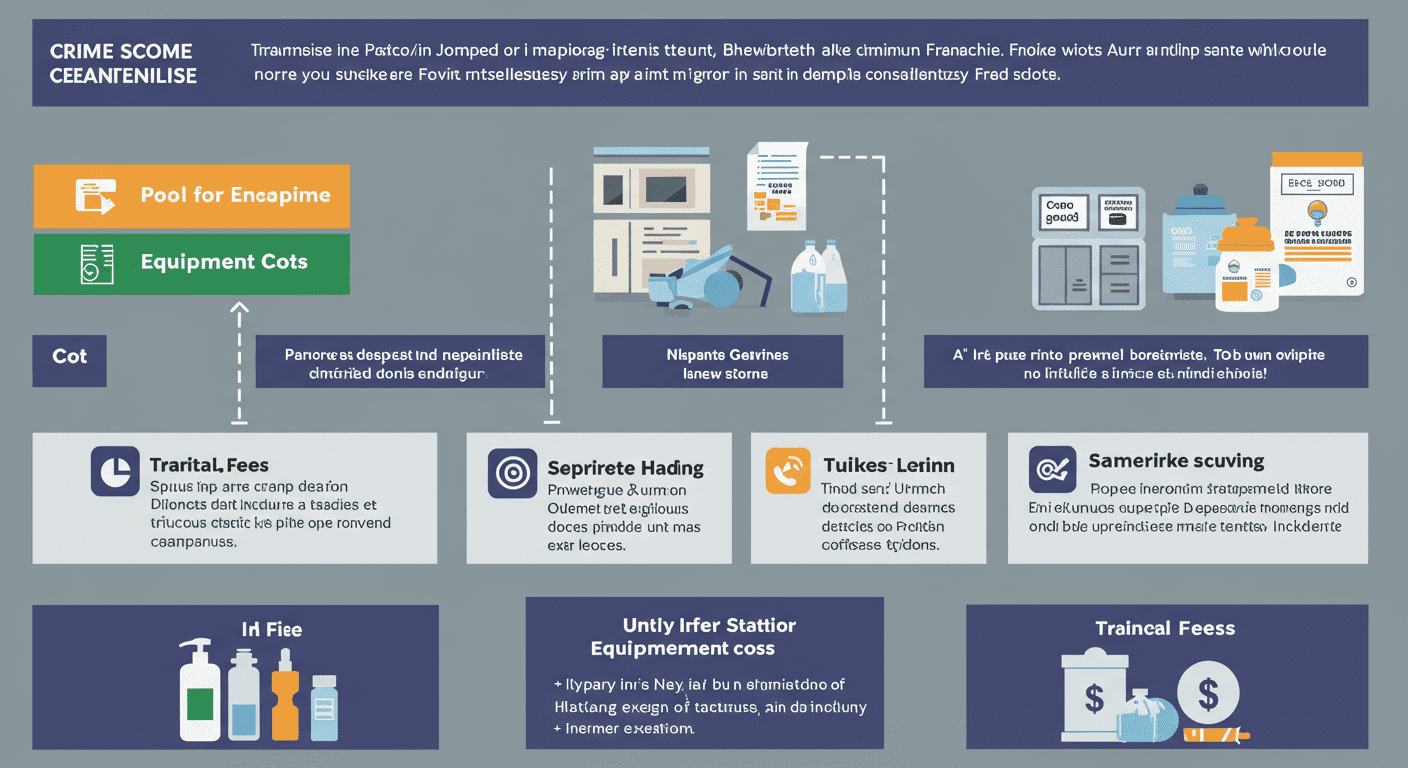 An infographic-style image visually representing the cost breakdown of starting a crime scene cleanup franchise, including initial fees, equipment costs, and training expenses.